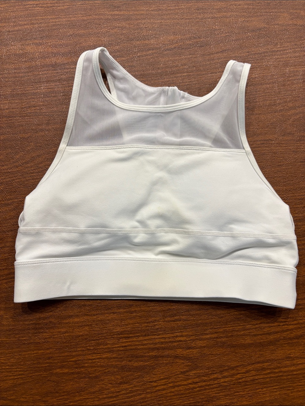 High-Neck White Performance Sports Bra with Mesh Panel